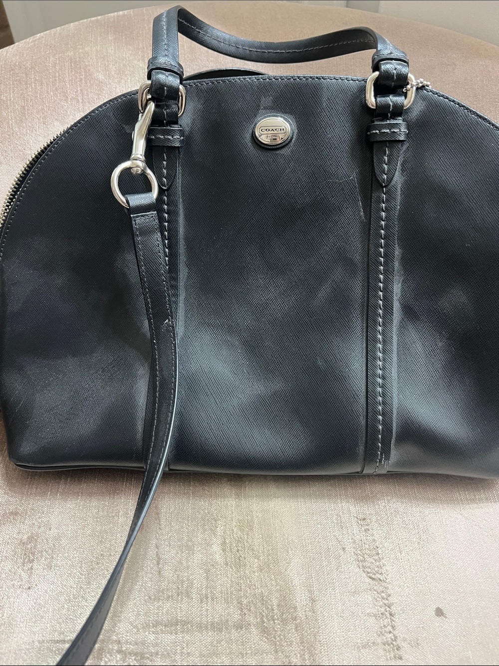 Coach Black Leather Dome Satchel with Silver Accents